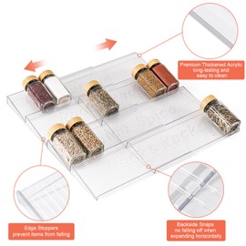 Husfunov Acrylic Spice Drawer Organizer, 4 Tier- 4 Pack Clear Spice Rack Tray for Drawer/Countertop, Expandable From 11'' to 22'' Kitchen Seasoning Organizers(Jars Not Included)