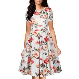 oxiuly Women's Vintage Half Sleeve O-Neck Contrast Casual Pockets Party Swing Dress OX253 (White Floral, L)