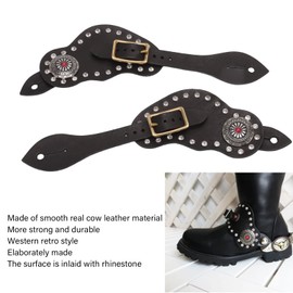 Fockety Spur Straps, 9.8in Cow Leather Rhinestone Robust Durable Metal Clasp Adjustable Length Western Spur Strap Western Vintage Style Exquisite Workmanship Spur Straps Western Womens