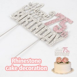 Nelbiirth Decoración para tartas con diamantes de imitación plateados y rosados de feliz 75 cumpleaños - Letrero de metal brillante para decoración de tartas con texto en inglés "Cheers to 75 years Old 75th Birthday"