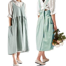 Cotton Linen Cross Back Apron for Women with Pockets for Cooking Gardening Turquoise without Waist Ties