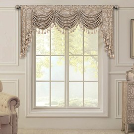 Loom and Mill Luxury Waterfall Valances for Windows, Elegant Jacquard Thick Swag Curtains Valance with Tassels for Living Room, Bedroom Party Banquet Decorations (Light Coffee, W79 Inch, 1 Panel)