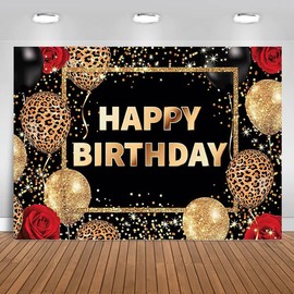 Birthday Queen Backdrop Woman Girl Leopard Black Gold Balloons Red Rose Happy Birthday Photography Background Woman Girls Abstract Celebration Prom Party Decoration Banner (5X3FT)