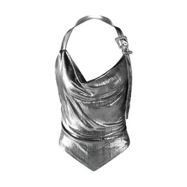 JNGUOSICN Womens Metallic Halter Crop Top Sleeveless Backless Camisole Shiny Deep V Neck Tie Up Cami Tops Hanging Neck Bustier Corset Party Club Beach Streetwear Silver