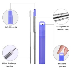 NAIVELY Reusable Metal Straws 3 Pack Collapsible Stainless Steel Straw,travel straw with case and Cleaning Brush,Retractable Portable Pocket Straws(Gray, Red, Purple orchid, Telescopic brush)