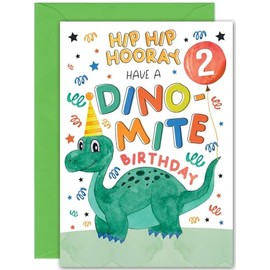 2nd Dinosaur Birthday Card - Large A5 Size - T-Rex Children's Kids Birthday Card for 2 Year old Kids two, second