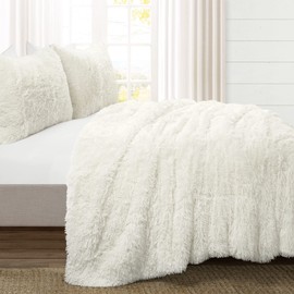Lush Decor Emma Faux Fur Oversized 3 Piece Comforter Set, Full/Queen, Ivory