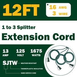 GREATIDE Outdoor Extension Cord with Multiple Outlets, 12 ft Green 1 to 3 Splitter Extension Cords, 16/3 SJTW Weatherproof Wire for Outdoor Lights and Holiday Decorations, ETL Listed