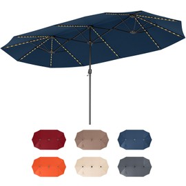 Tangkula 15.5 FT Extra-Large Patio Umbrella w/LED Solar Lights, Crank Handle, 12 Heavy-Duty Ribs, Outdoor Double-Sided Market Umbrella Rectangular Twin Parasol for Garden Deck Lawn Poolside (Navy)