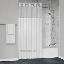 Manchester Mills Protect360° Satin Silver Ribbon Hook Free Shower Curtain - Microban Product Protection, Water Repellent, Snap-On Liner, Hems with Magnets, 72"X72", White