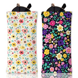 GLOBLELAND Pack of 2 Colourful Soft Glasses Case with Floral Pattern Artificial Flowers Travel Glasses Bag Made of PU Leather with Squeeze Closure Portable Scratch-Resistant Sunglasses Bag for Watches