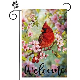Welcome Spring Color Flowers Cardinal Garden Flag 12x18 Inch Double Sided for Outside Home Small Burlap Plaid Yard Welcome Flag Decoration