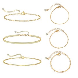 Pack of 5 Women's Gold Plated Stackable Bracelets Stainless Steel Italian Charm Bracelet Gold, Figaro Bracelets Adjustable Bracelet Set, Gold Jewellery for Women