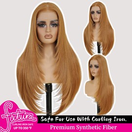 13x4 Synthetic Lace Front Wigs Pre Plucked 26 Inch Long Layered Ginger Straight Wigs For Women 100% Futura Premium Fiber Ready to Wear Wig With Bangs Beginner Friendly Daily Party Use