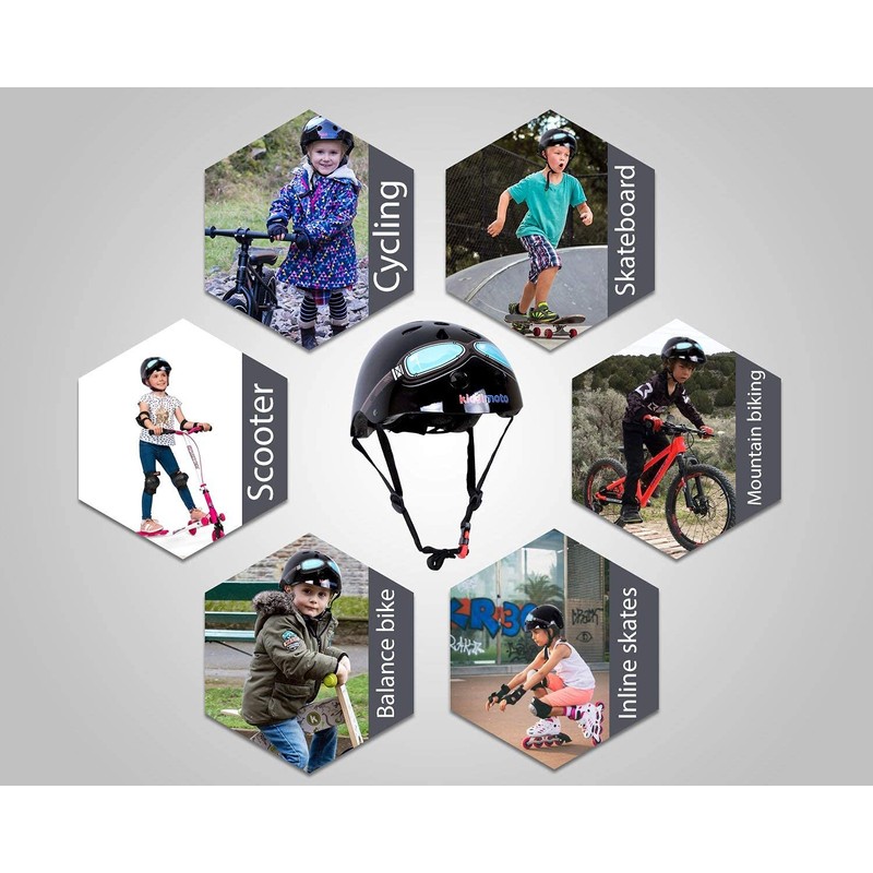 Kiddimoto KMH044M - Fahrrad Skater Helm für Kinder Black Goggle,