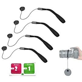 Camera Lens Cap, Drop Prevention, Strap, Anti-Loss, Rubber Holder, Set of 4 + LCD Screen Cleaning Sheet (2 Pieces/Wet & Dry), For Canon Nikon PENTAX, Panasonic OLYMPUS, Sony SLR Mirrorless, Compact