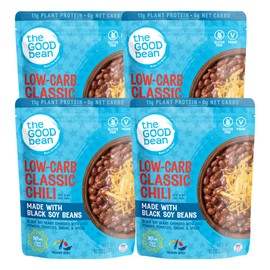 The Good Bean Heat and Eat Pouch - Low-Carb Classic Chili - (4 Pack) 10 oz Pouch - Simmered Black Soybeans with Chili Powder - Pre-Cooked Beans with Good Source of Plant Protein and Fiber