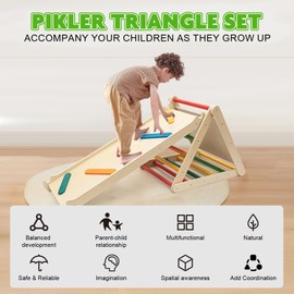 WOOD CITY Pikler Triangle Set with Shape Puzzles, 7 in 1 Montessori Climbing Set for Toddlers with Arch, Ramp and Ladder, Safe & Durable Wooden Baby Climbing Jungle Gym- Rich Colours