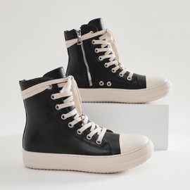 MOFEEDOUKA Womens High Top Sneakers Lace Up Comfort Platform Walking Canvas Shoes with Zipper Black Pu