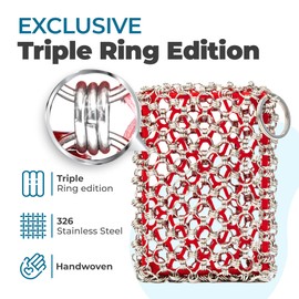 [Exclusive Edition] BTLUX Cast Iron Scrubber, Cast Iron Sponge – 316 Stainless Steel, Triple Ring Chainmail - Perfect Cleaner for Cast Iron Pans, Skillets, Pots, Woks (Red)