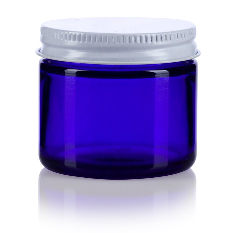 Cobalt Blue Thick Glass Straight Sided Jar with White Metal