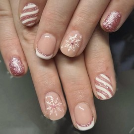 Christmas Press on Nails Short Pink Fake Nails French False Nails with Stripe Glitter Design Glossy Acrylic Nails Snowflake Artificial Nails Winter Glue on Nails New Year Stick on Nails for Women