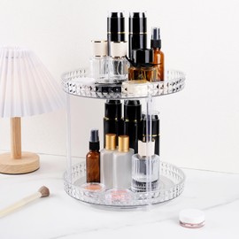 Runivor 360 Clear Rotating Makeup Organize for Vanity,2 Tiers Lazy Susan with diamond pattern, Large-Capacity Skincare Organizers Cosmetic Display Case Organizer for Dresser (Clear White, 2Tiers)