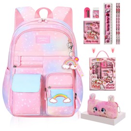 QJHEC Kawaii Rainbow Backpack for Girls – Cute Starry School Bags for Kids & Teens with Plush Pen Case & 6-Piece Study Supplies Set, Children's Bookbag for Elementary – Pink 17inch