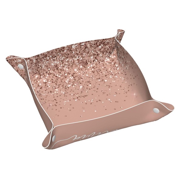 YZDPLO Blush Pink Rose Gold Glitter Leather Vanity Tray Desktop