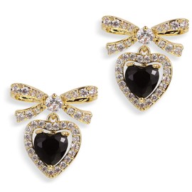 Sonateomber Gold Black Bow Heart Dangle Drop Earrings for Women, Valentines Ruby Red Rhinestone Ribbon Crystal Birthstone Love Earing Dangling Prom Fashion Jewelry Gift
