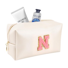 Preppy Large Makeup Bag-Customized Initial PU Leather Travel Cosmetic Bag,Ideal for Storing Makeup,Toiletries,and More,Gift for Women,Girlfriends,and Girls（Pearly White-Pink, N）