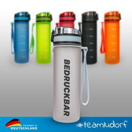 #teamludorf MiniCampos Water Bottle – Individually Printable – Leak-Proof – BPA Free Tritan – Plastic with Lockable Lid – Drinking Device – Hand Strap – 600 ml (Transparent)