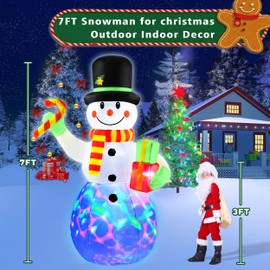 7 FT Christmas Inflatables Snowman Outdoor Decorations with Candy Cane Gift Box, Blow up Snowman Yard Decor Bright Colorful Rotating LED, Weatherproof Holiday for Garden Patio Lawn Party Xmas Gifts