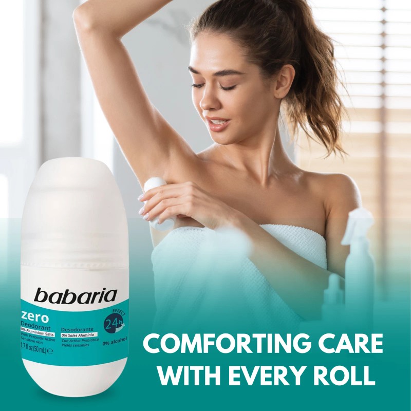 Babaria Zero Deodorant Roll-On 50ml –24h, No Salts or Alcohol,