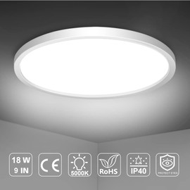 9 inch LED Flush Mount Ceiling Light Fixture, 5000K Daylight White 18W White Flat Modern Ceiling Lighting, 1800LM Ceiling Lamp for Bathroom Porch, Kitchen, Bedroom, Living Room, Hallway