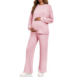 Yousify Womens Maternity Pajamas Sets 2 Piece Outfits Ribbed Knit Long Sleeve Tops Pants Loungewear Mama Clothes Light Pink