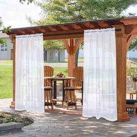 DEARTOWN Outdoor Sheer Curtains for Patio Waterproof, 4 Panels Rod Pocket Indoor/Outdoor Voile White Sheer Curtain for Pergola, Porch, Cabana and Gazebo，52 x 108 Inch