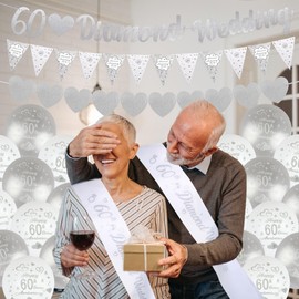 60 Wedding Anniversary Decorations 60 Silver Wedding Banner Balloons Happy 60th Anniversary CakeToppe Satin Sash for 60