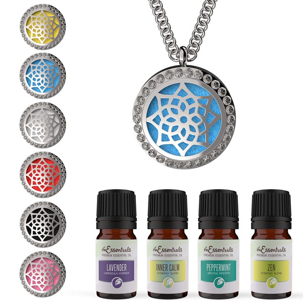 mEssentials CZ Flower Necklace Personal Aromatherapy Diffuser Gift Set with Made in USA Pure Essential Oils (Lavender, Peppermint, Calm, Zen) Stainless Steel Pendant, Chain, 12 Pads
