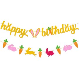 Happy Easter Bunny Glitter Banner, Spring Easter Party Decorations Supplies Hanging Photo Backdrop, Easter Rabbit Bunting Garland for Mantel Fireplace Decor