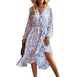 PRETTYGARDEN Women's Floral Boho Dress Fall Long Sleeve Wrap V Neck Ruffle Flowy Maxi Spring Wedding Guest Vacation Dresses (Floral Light Blue,Medium)