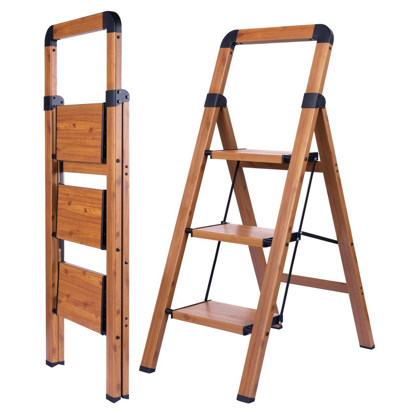 BIBKOKE Step Ladder Folding 3-Step Woodgrain Finish Aluminum Foldable Step