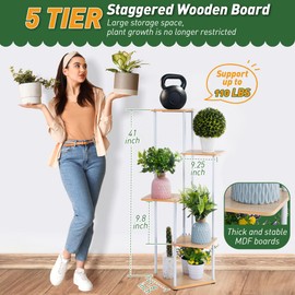 Dreyoo Plant Stand with Grow Light Indoor, 5 Tier 5 Potted Sturdy Metal Plant Shelf, Multiple Plant Holder Tall Plant Ladder for Display Plant Flower Corner Living Room Office (White, Wood Color)