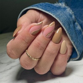 French Tip Press on Nails Almond Brown Glitter Fake Nails Short French False Nails with Design Glue on Nails Glossy Solid Color Acrylic Nails Press ons Full Cover Stick on Nails for Women Decoration