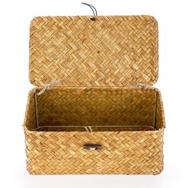 Hipiwe Wicker Shelf Baskets Bin with Lid, Handwoven Seagrass Basket Storage Bins Rectangular Household Basket Boxes for Shelf Wardrobe Home Organizer, Caramel X-Small