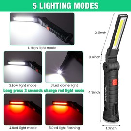 Honoson 4 Pieces LED Work Light Cob Rechargeable Work Flashlight with Magnetic Base, Hanging Hook and 360° Rotate 5 Modes Portable LED Flashlight for Car Repair, Household and Outdoor(Small)
