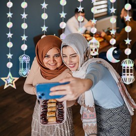 Astrymtic Eid Mubarak Ramadan Decor, 8 Pcs Iridescent Star Moon Lantern Ramadan Garlands, Eid Al-fitr Party Decoration Hanging Streamer for Mosque Islamic Muslim Party Backdrop Decoration Supplies