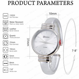 Blekon Collections Women's Analog Quartz 31mm Case Round Sparkling Designed Leather Cuff Bangle Ladies Wrist Watch (Silver)