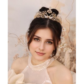 Yheahin Wedding Crystal Tiara for Women Elegant Bridal Pearl Rhinestone Crown Swan Queen Princess Costume Crown Star Crystal Headpiece Accessory for Cosplay Birthday Party (Swan 2-gold)