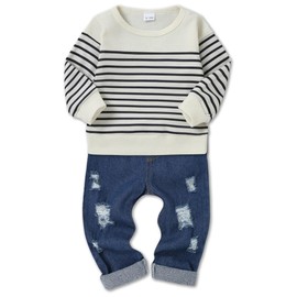 CARETOO Baby Boy Clothes Outfits Cozy Long Sleeve Knit Top Fashion Ripped Jogger Pants Fall Winter Set 1T 12-18 Months